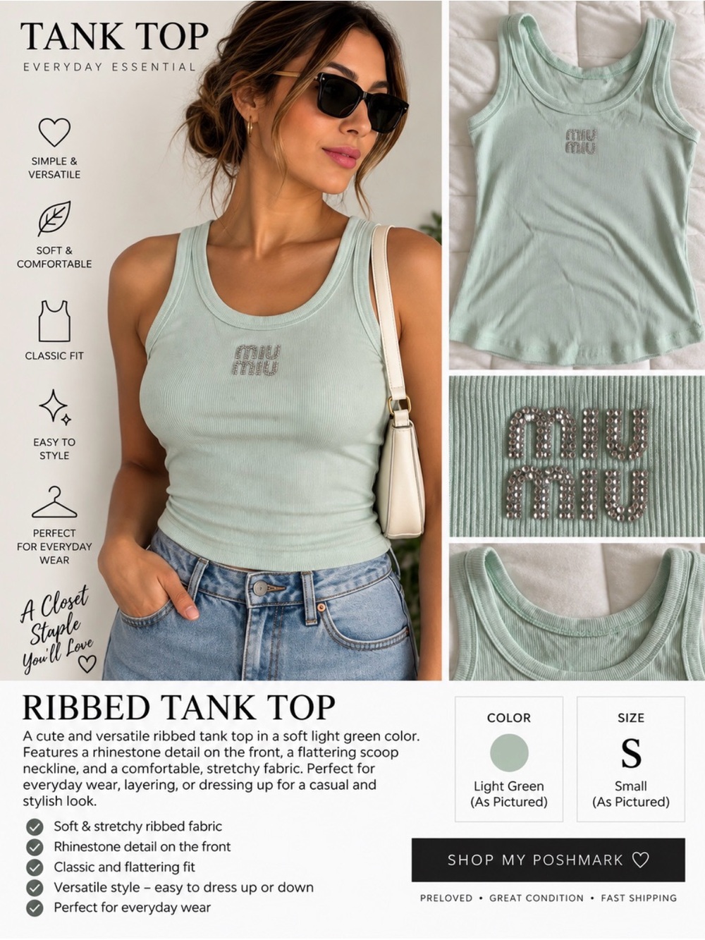 Miu Miu Light Green Ribbed Tank Top with Rhinestone Logo